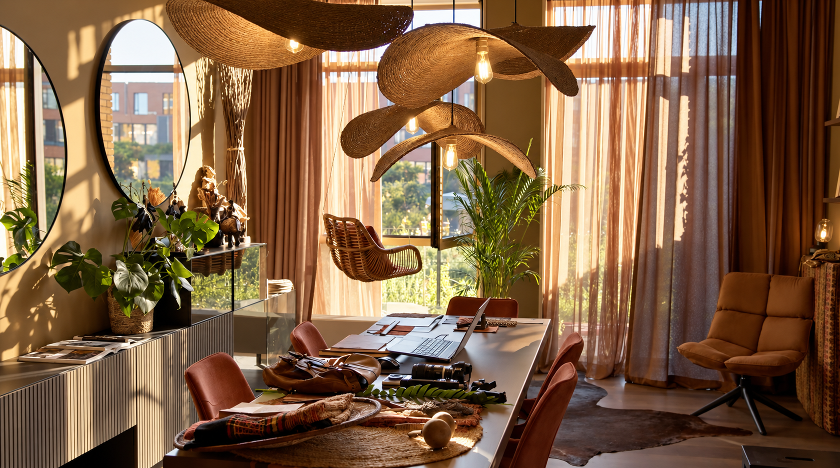 The studio of Marije Richards: a working table with material samples, sketches and objects under woven pendant lights in warm afternoon light