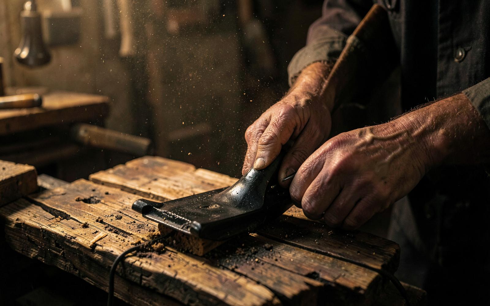 Craftsman shaping blackened steel and reclaimed oak in a workshop
