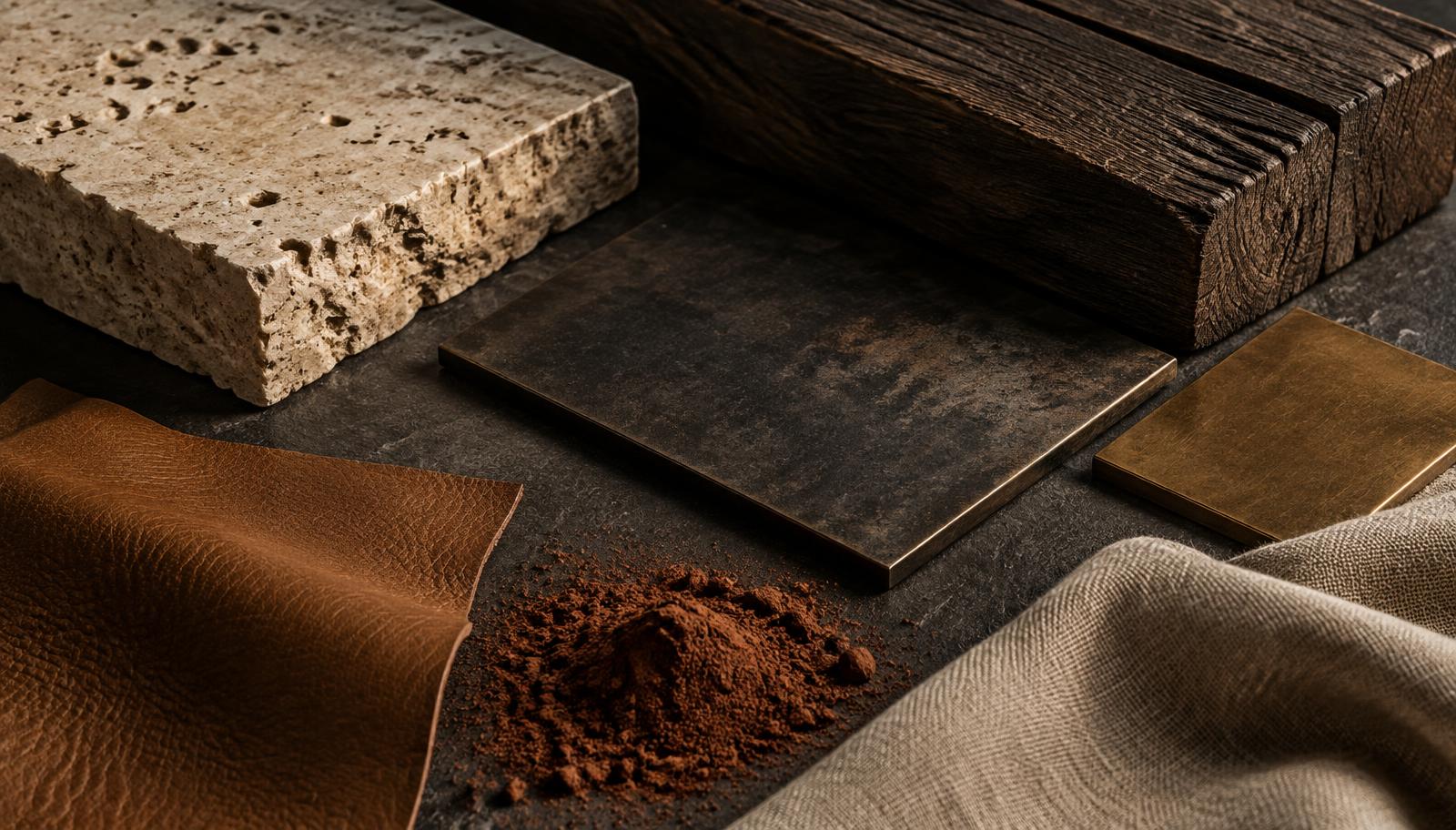 Travertine, aged timber, blackened steel, bronze, leather and linen samples