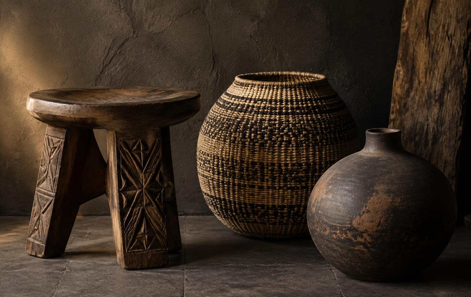 Carved wooden stool, woven basket and ceramic vessel against a dark plaster wall